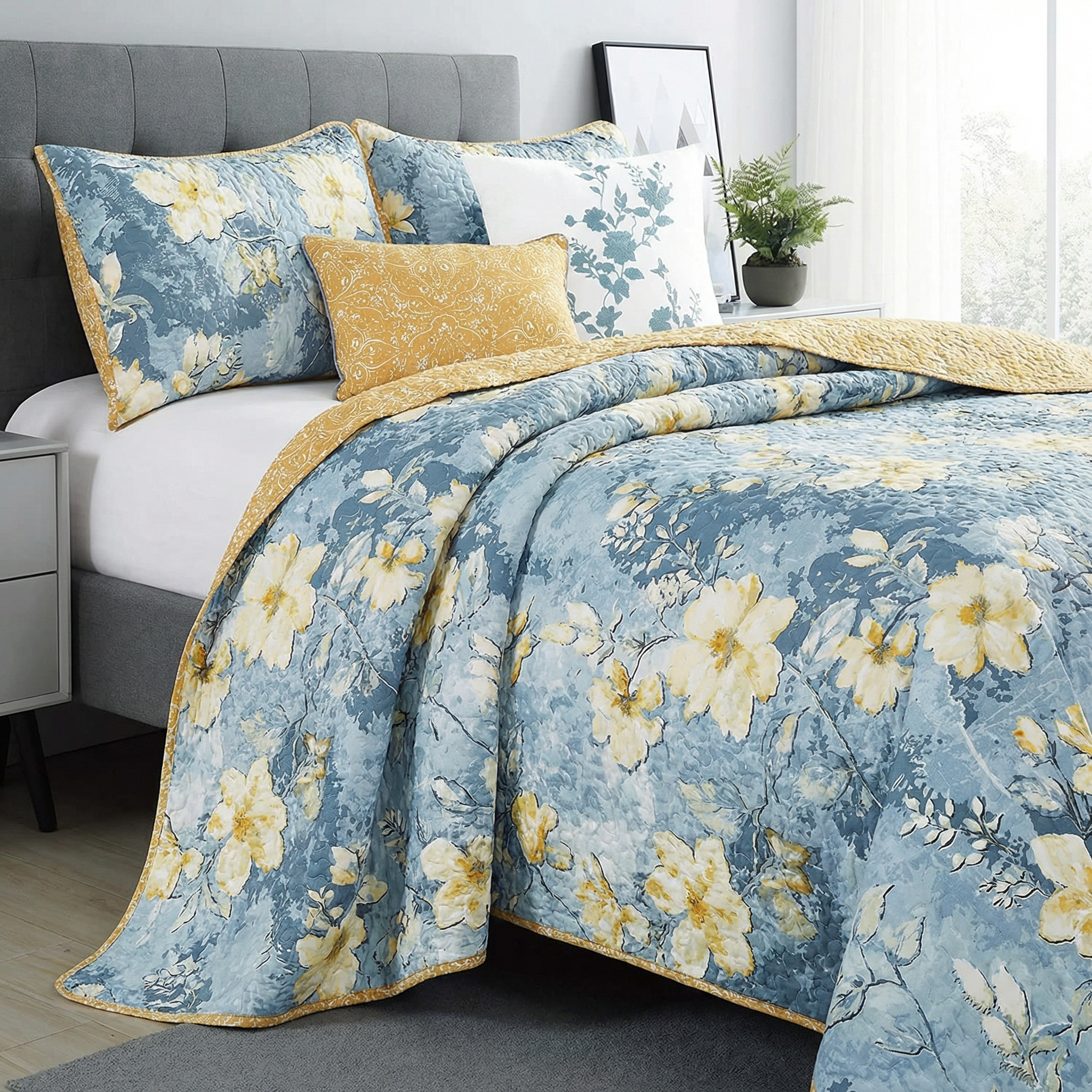 DUSTY BLUE REVERSIBLE FLORAL QUILT SET