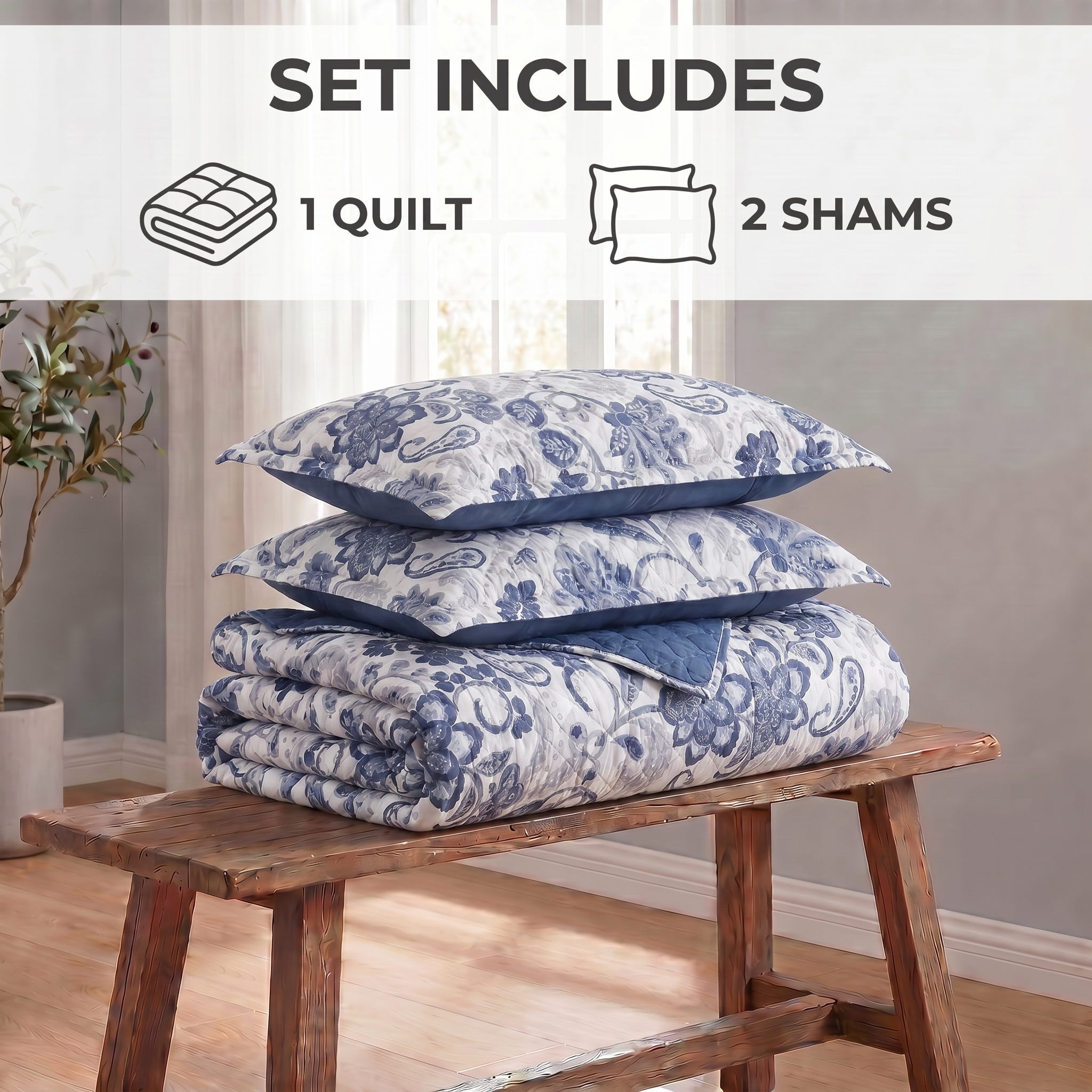Set of blue and white patterned quilt and shams on a wooden bench with text indicating contents.