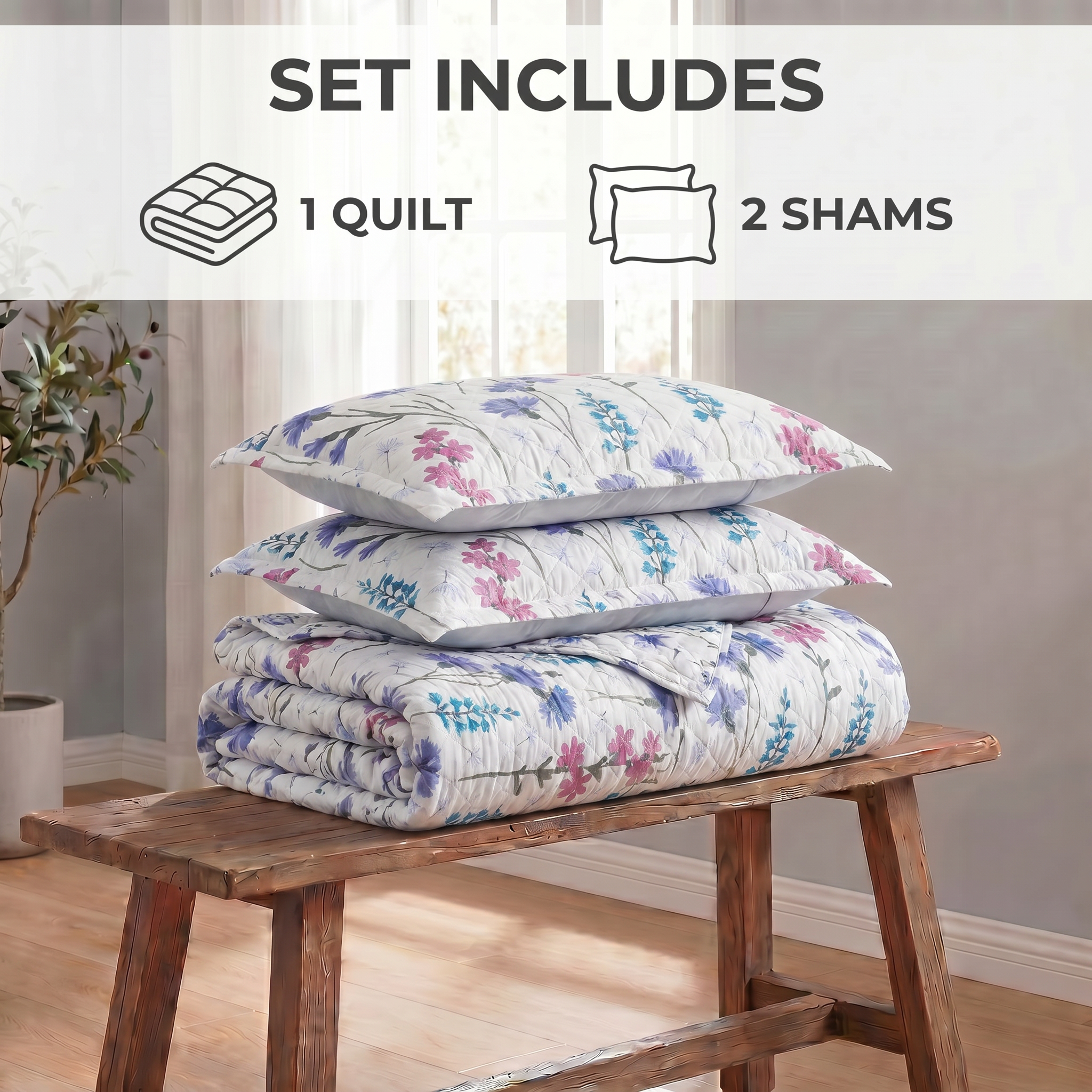 Floral quilt and shams set on a wooden bench with room background