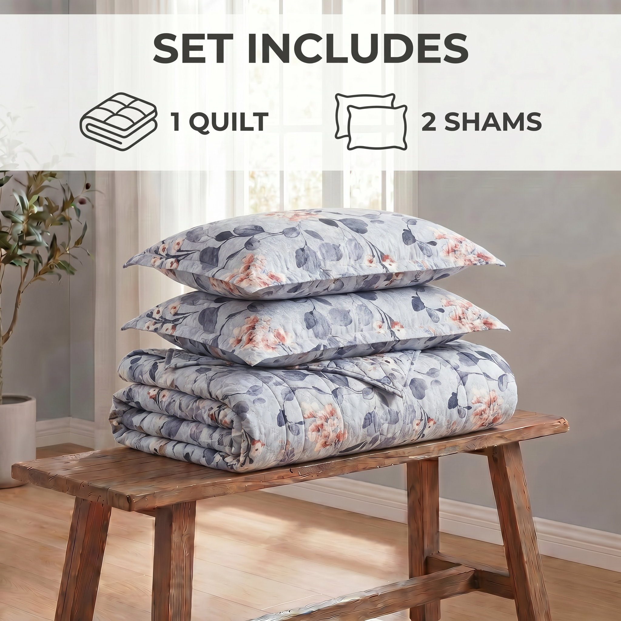 Set of quilt and shams on a wooden bench with room in the background