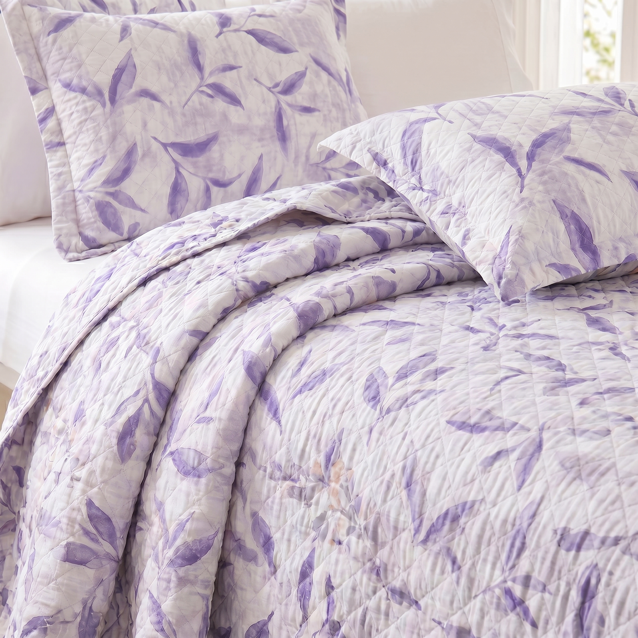 Purple leaf-patterned comforter on a bed with matching pillows.