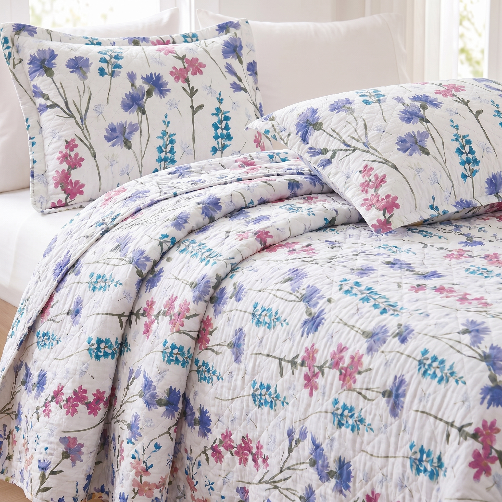Floral patterned quilt and pillow on a bed