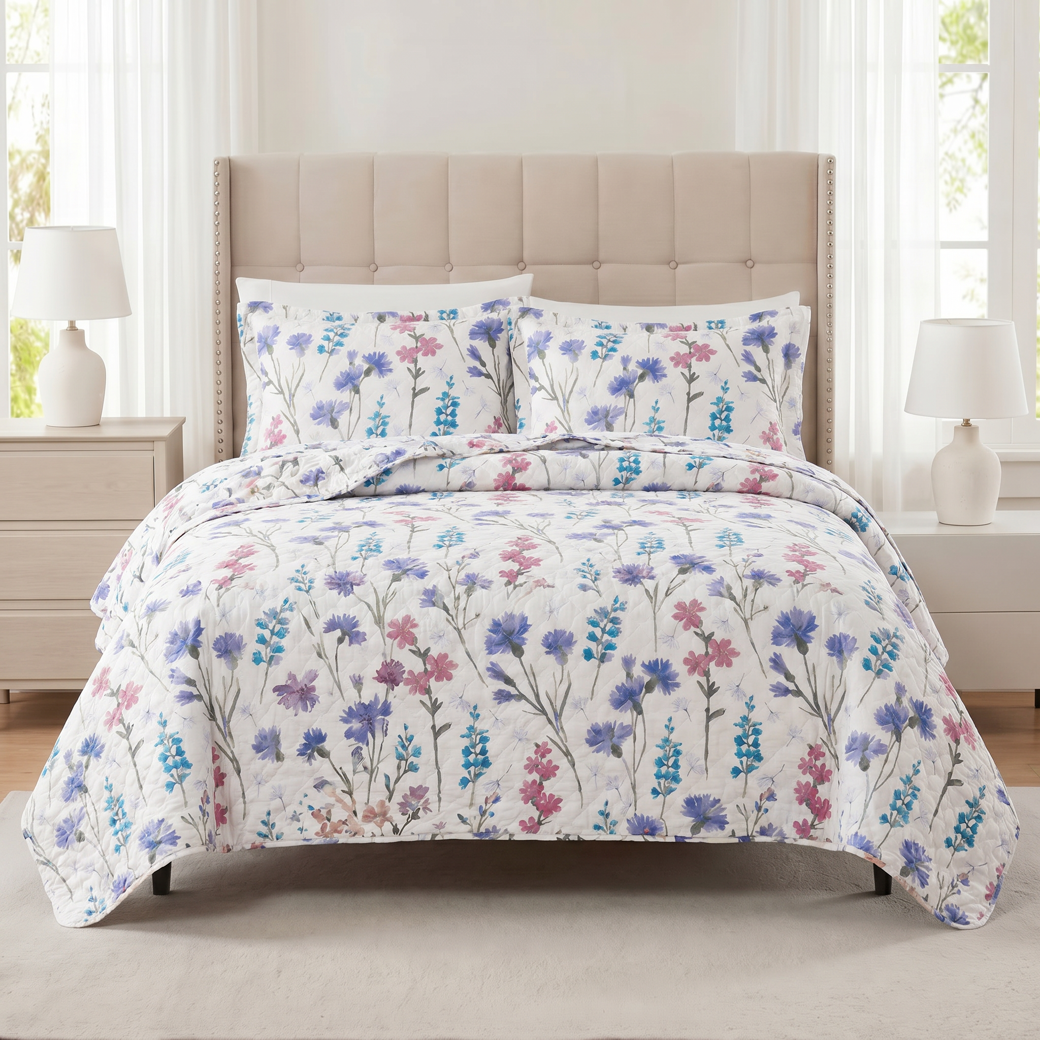 Floral bedding set on a bed in a bedroom with lamps and curtains.