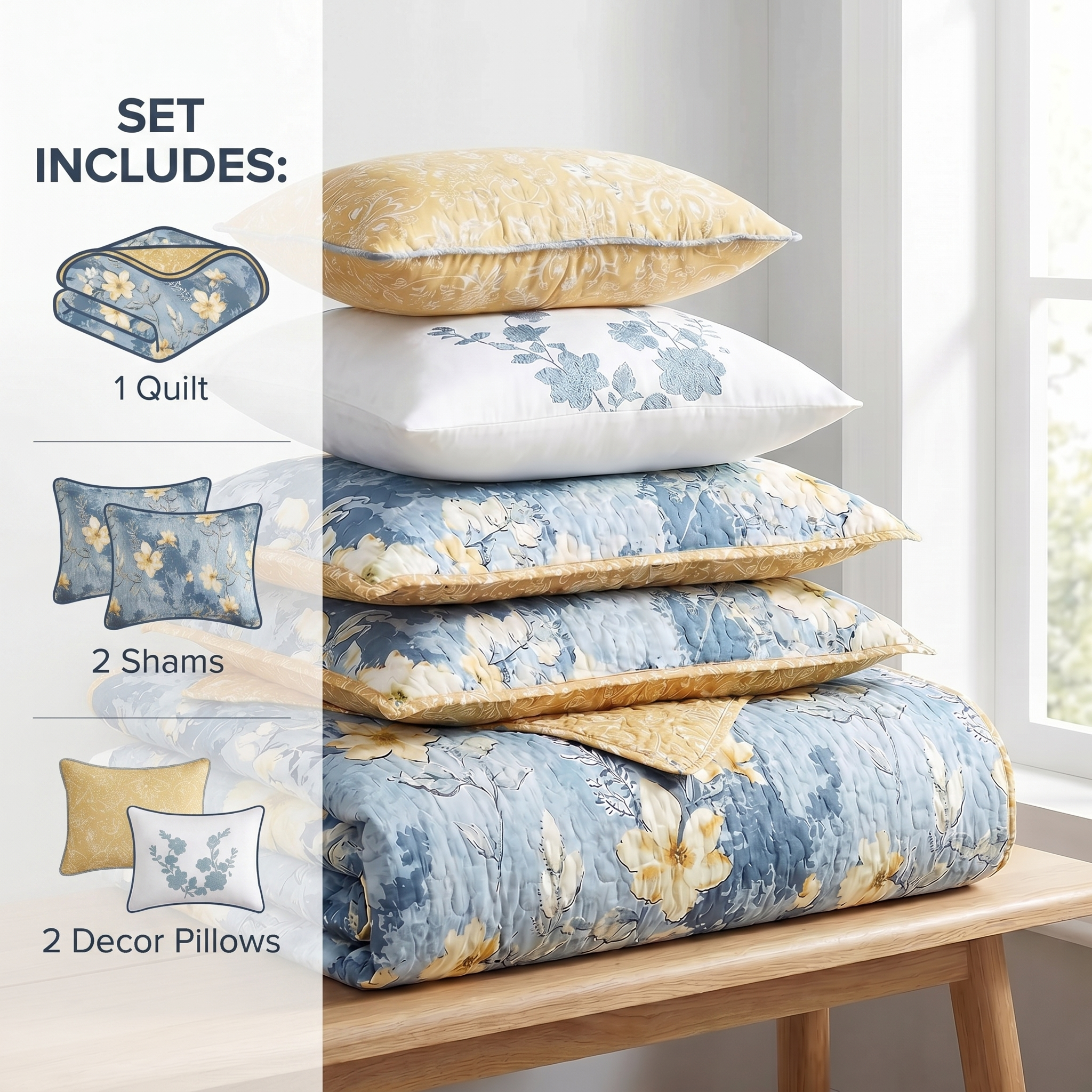 Set of floral bedding including a quilt, shams, and decor pillows on a wooden bench.