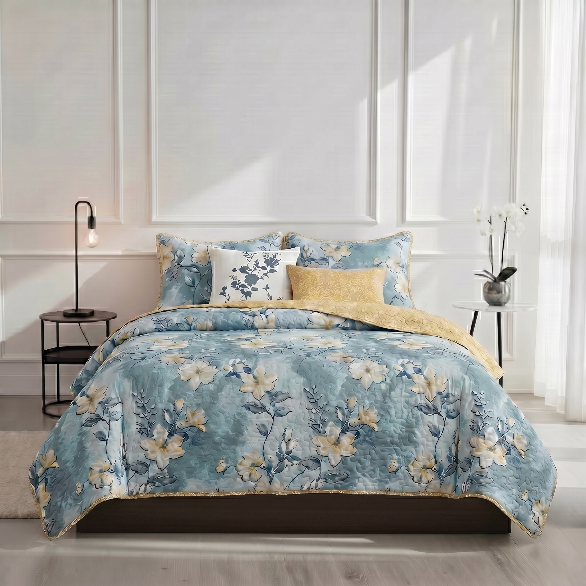 Floral bedding set on a bed in a bedroom with a lamp and window in the background.
