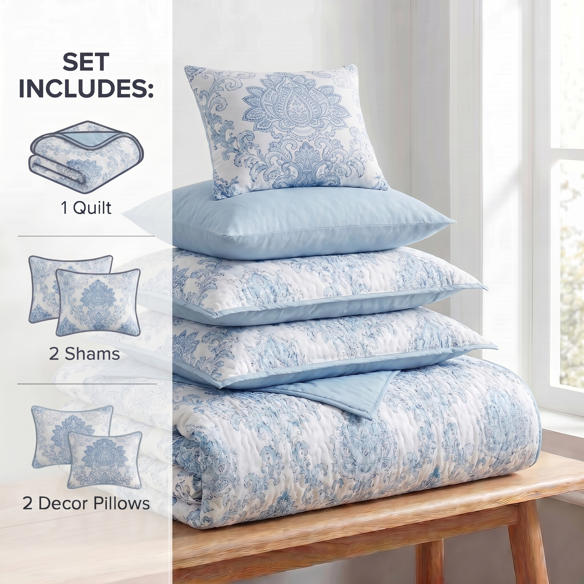 Blue and white patterned bedding set with quilt, shams, and pillows on a wooden bench.