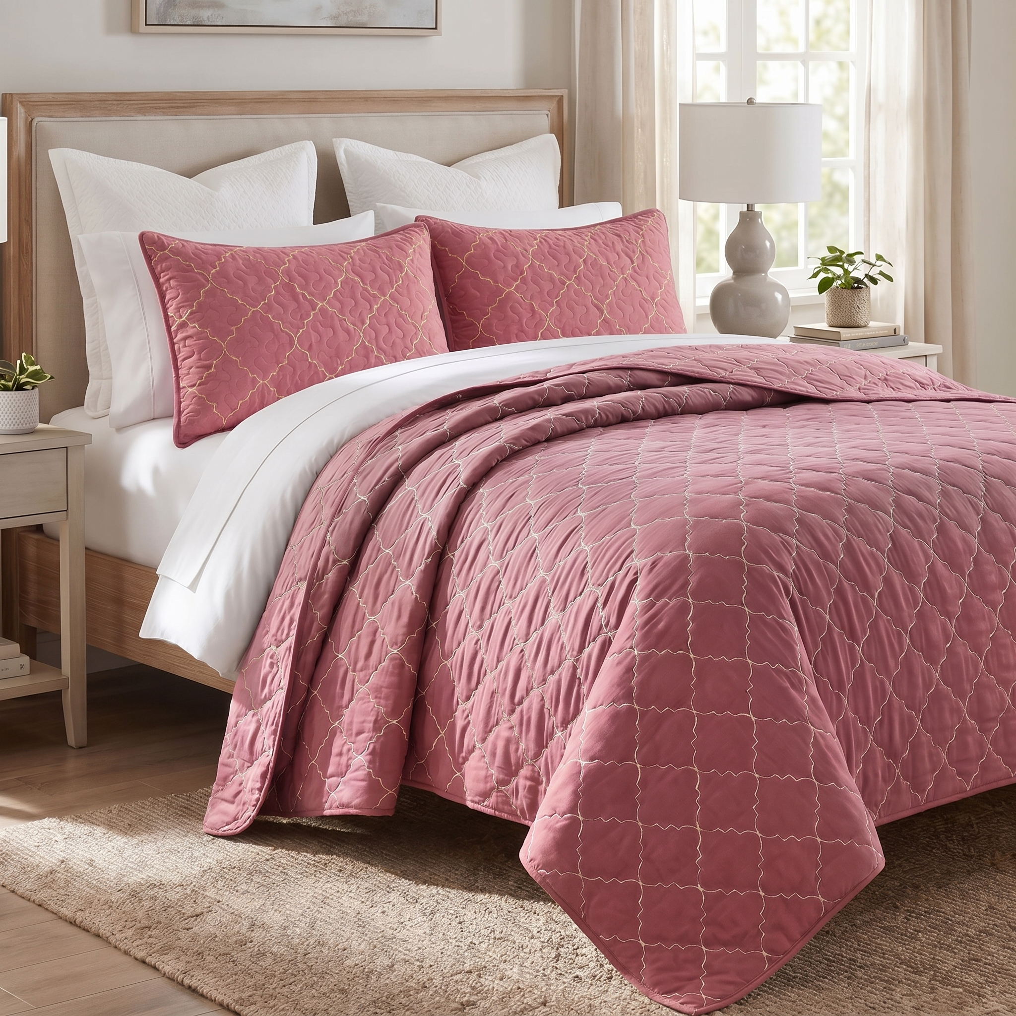 Bed with pink quilt and pillows in a bedroom setting