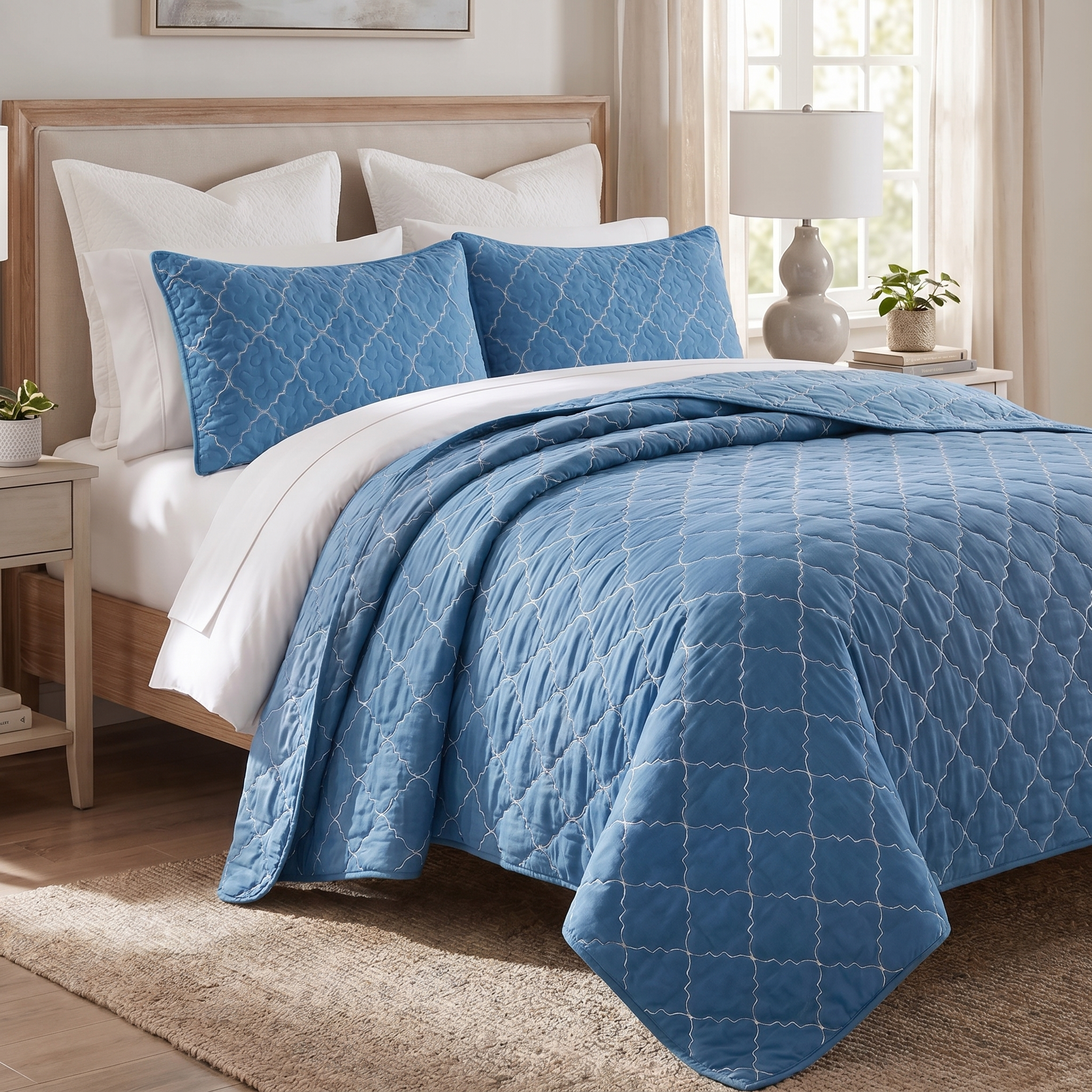 Blue quilted coverlet on a bed with white pillows in a bedroom setting.