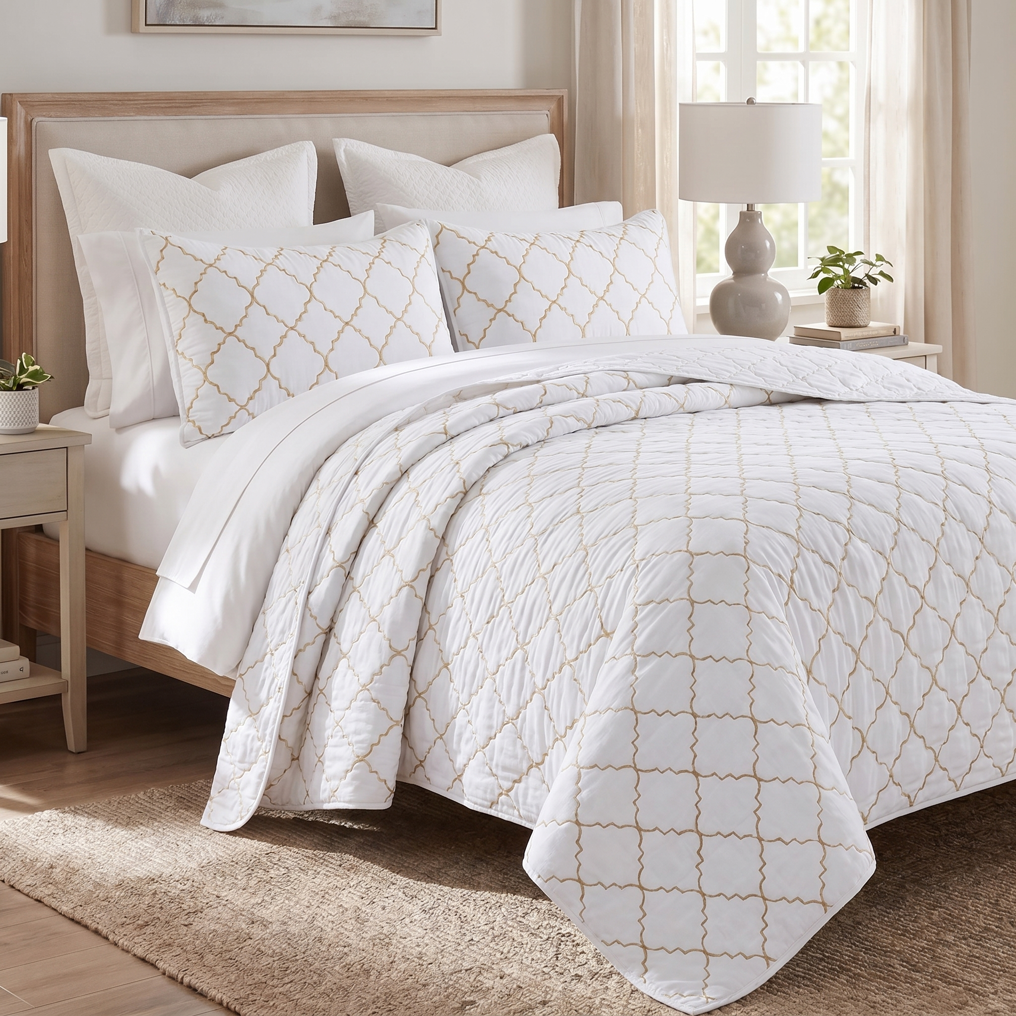 Bed with white quilt and geometric pattern in a bedroom setting