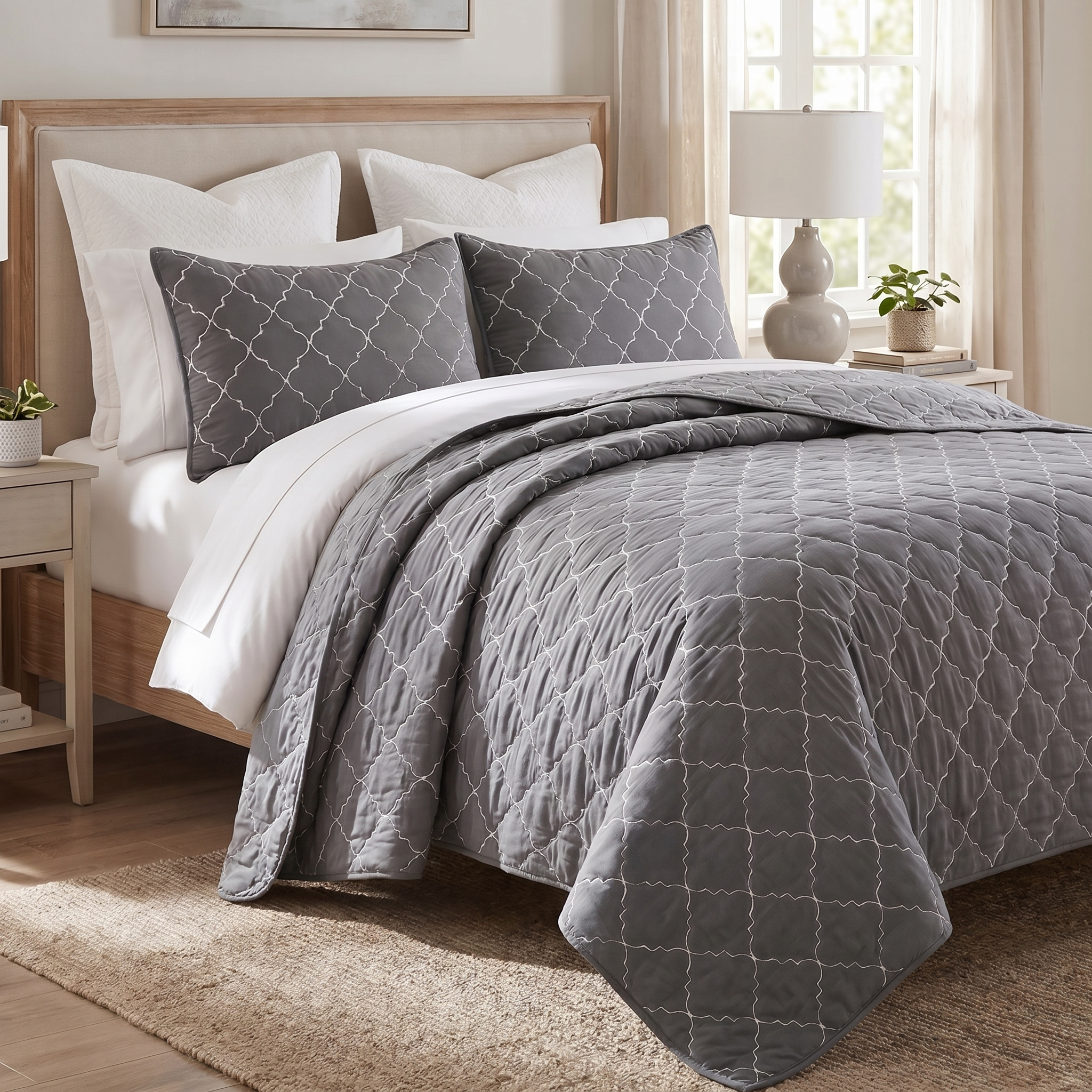 Gray quilted cover on a bed with white pillows in a bedroom setting.