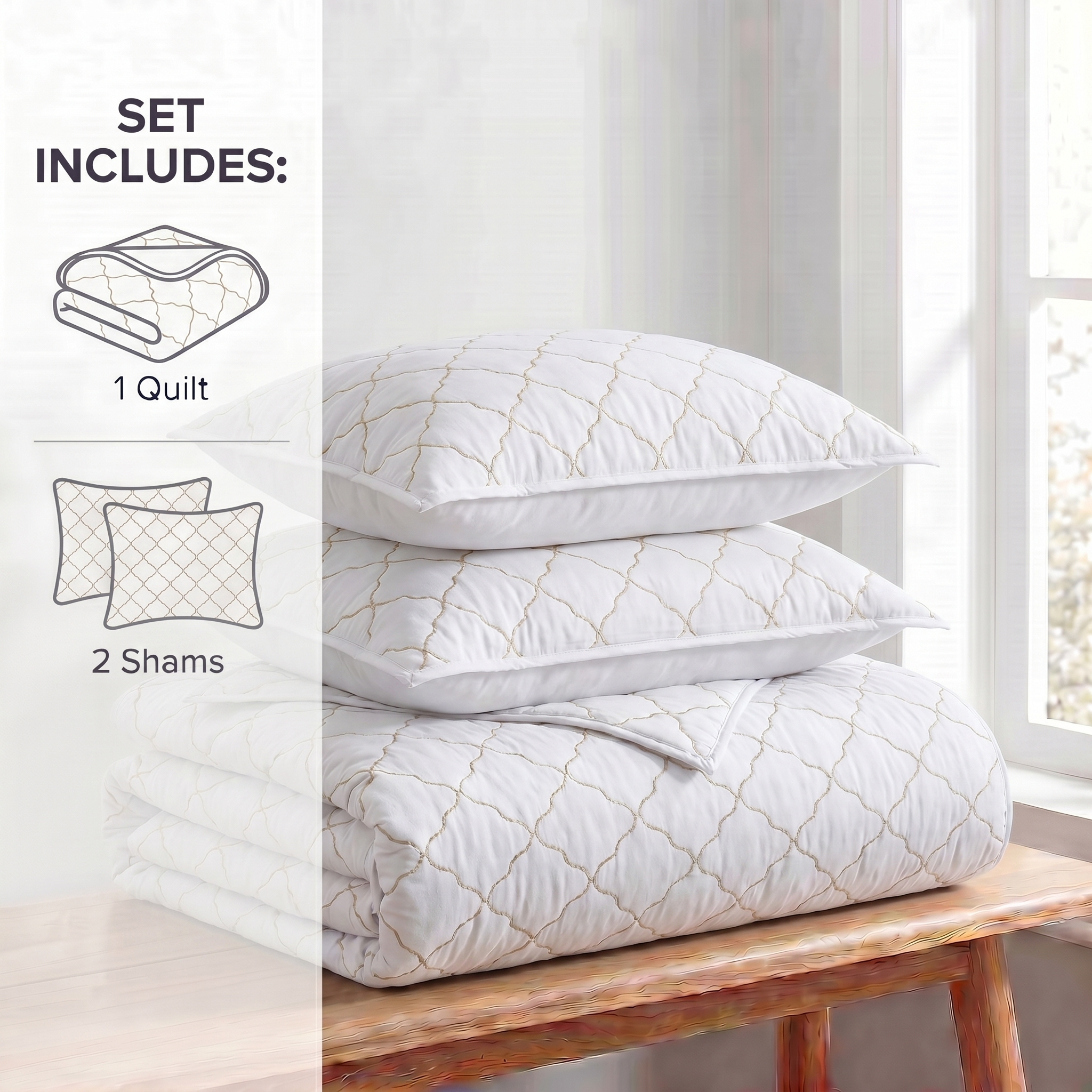 White quilt set with two shams and a single quilt on a wooden bench.