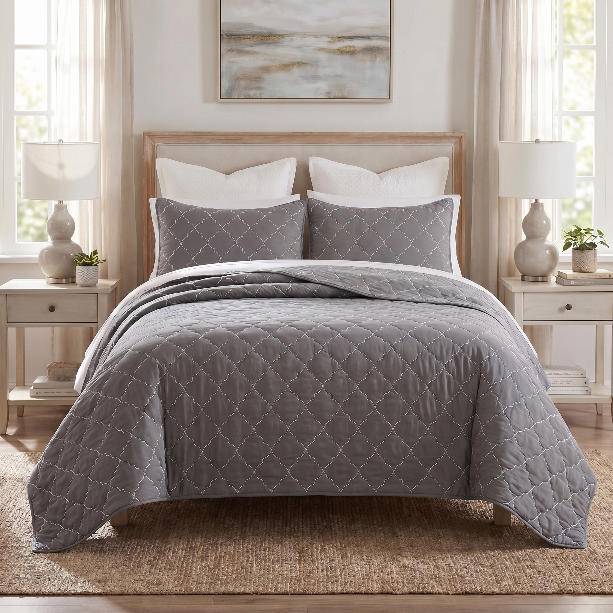 Gray quilted coverlet on a bed in a bedroom setting with lamps and artwork.