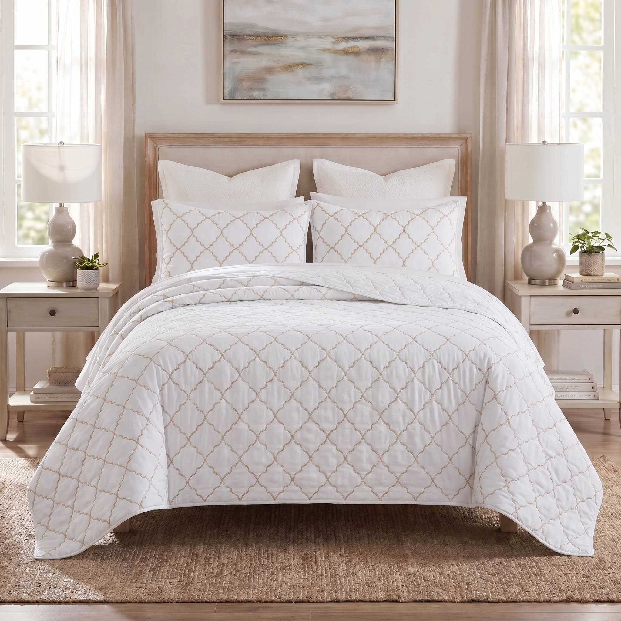Neatly made bed with white quilt and pillows in a bedroom setting.