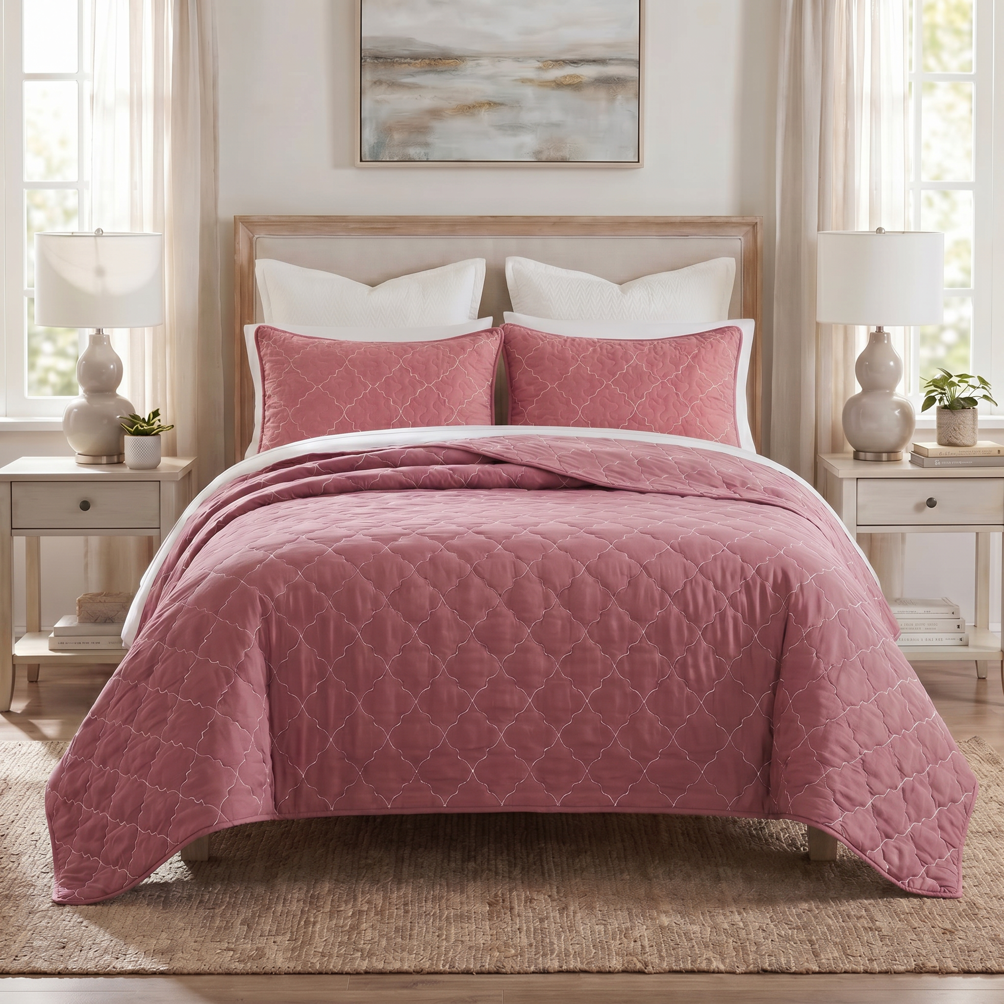 Pink quilted coverlet on a bed in a bedroom setting with lamps and artwork.