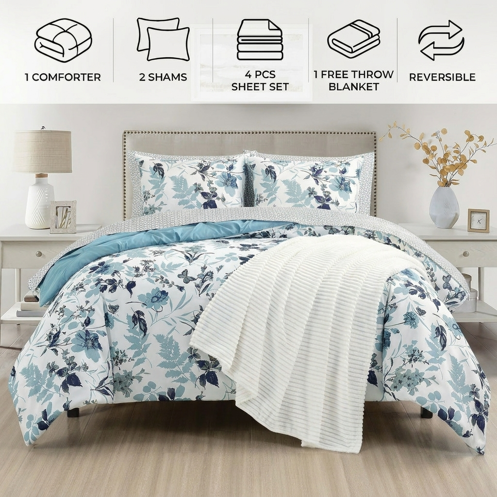 Floral bedding set with comforter, shams, and sheet set on a bed in a bedroom setting.