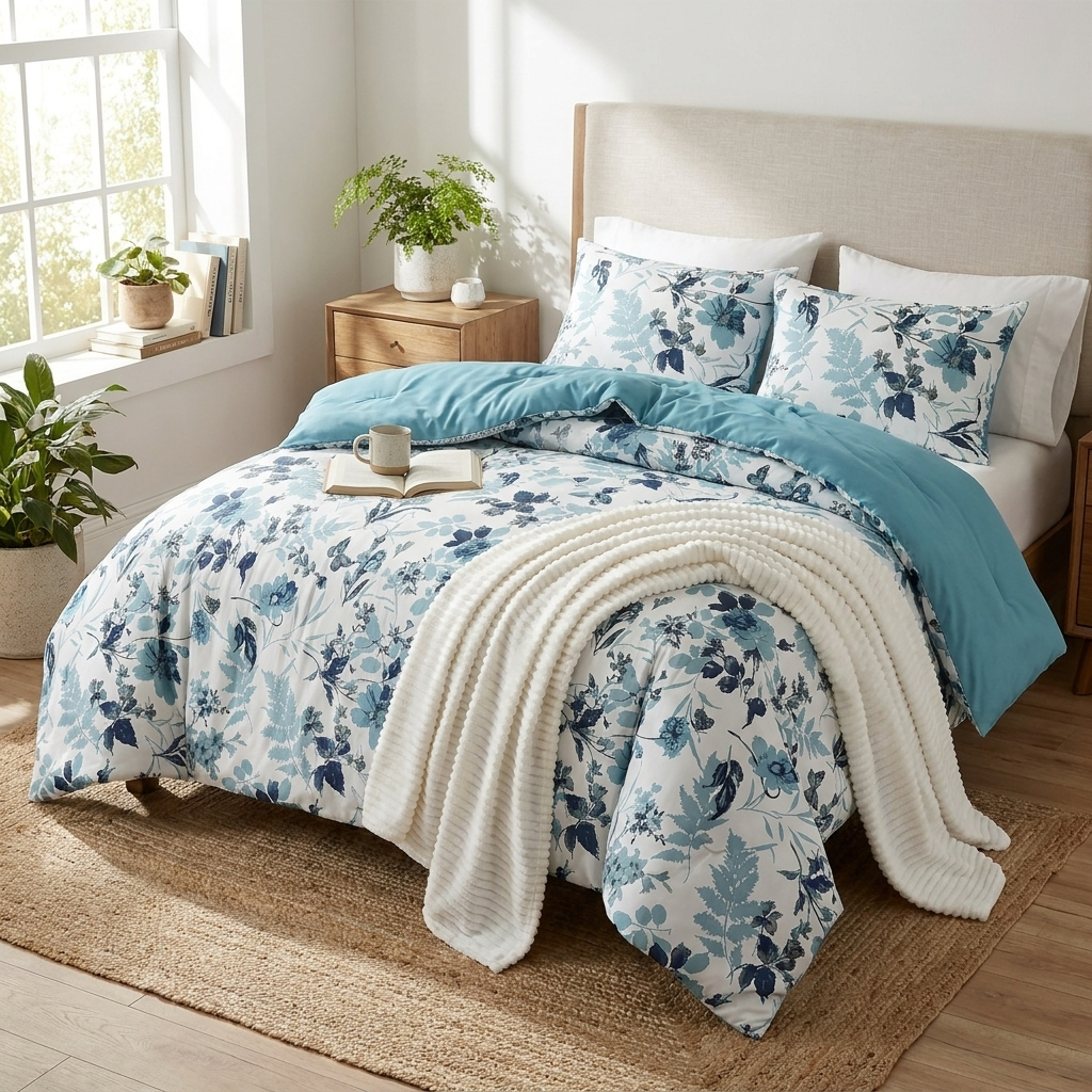 Bedroom with floral bedding and decor