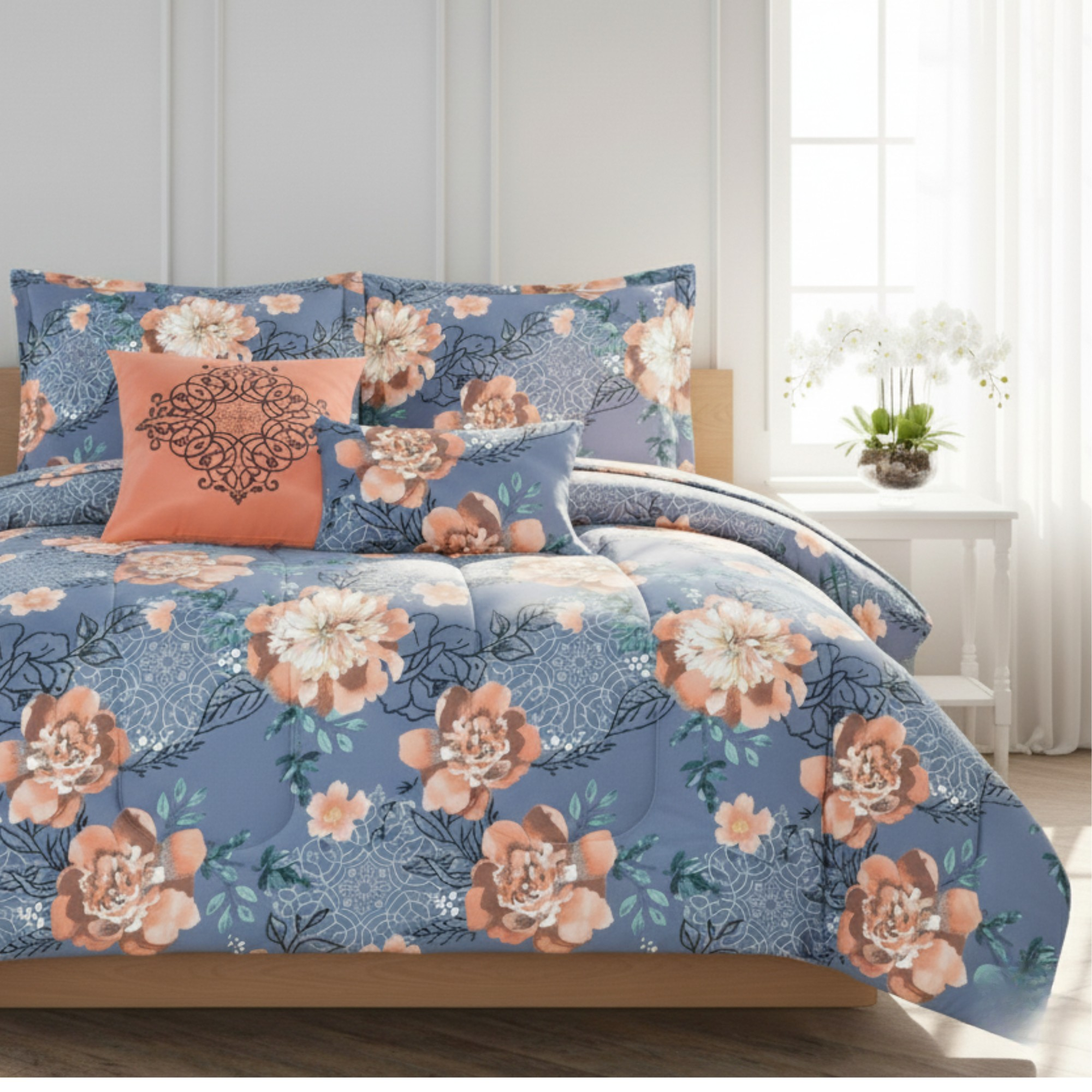 DUSTY BLUE & CORAL PRINT COMFORTER SET