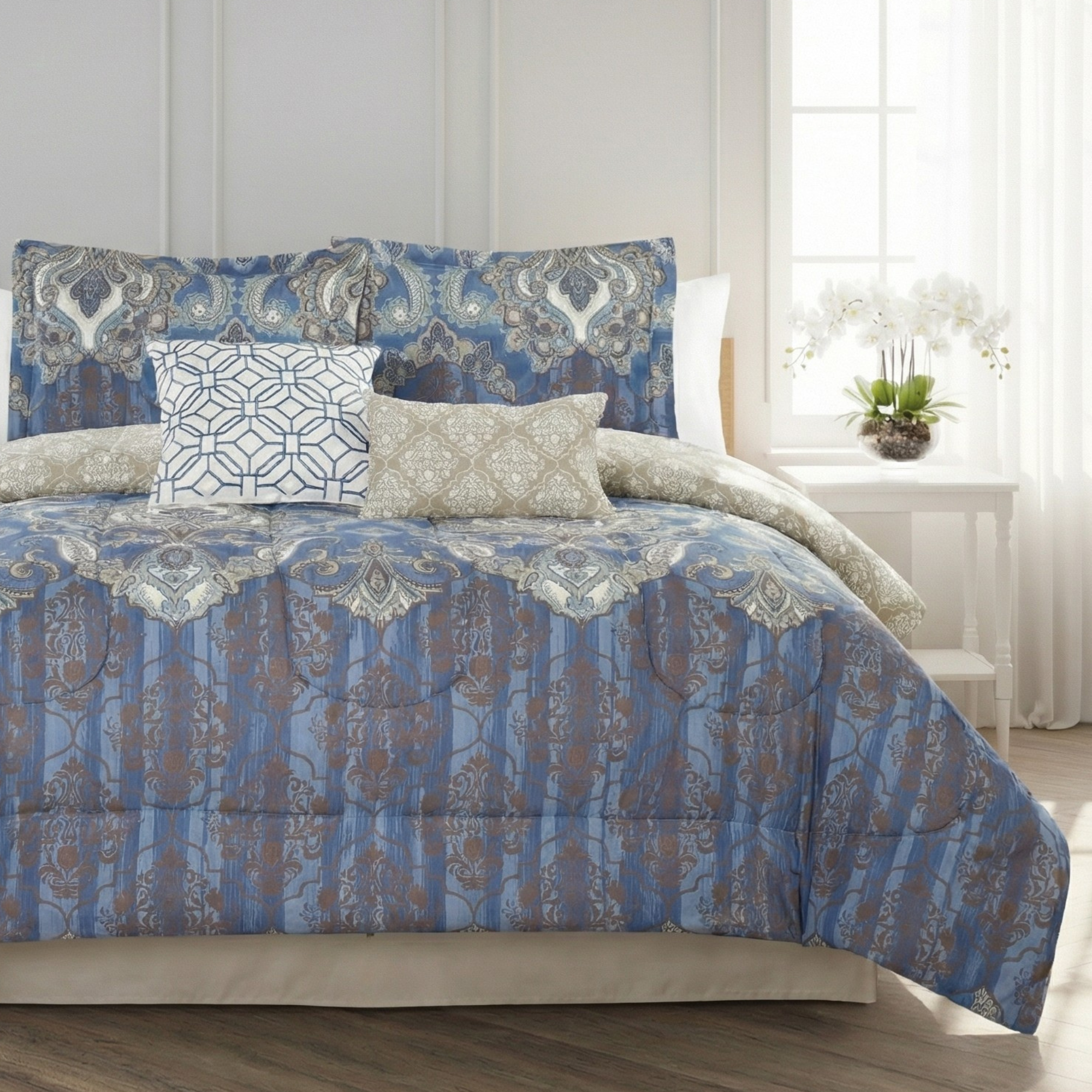 BLUE DISTRESSED DAMASK COMFORTER SET