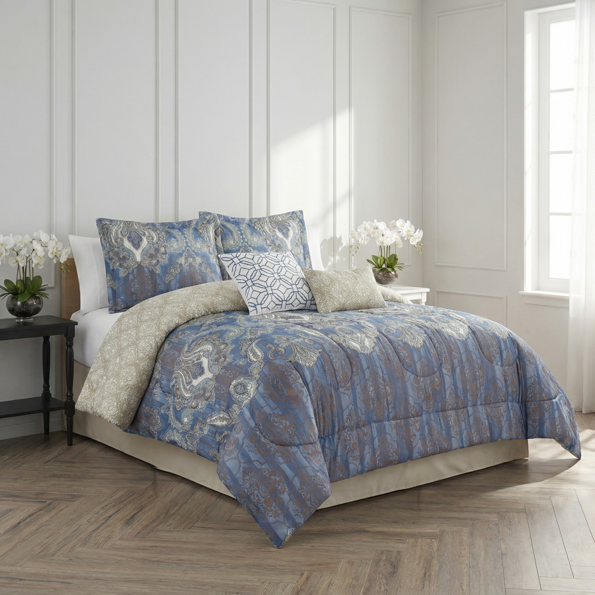 BLUE DISTRESSED DAMASK COMFORTER SET