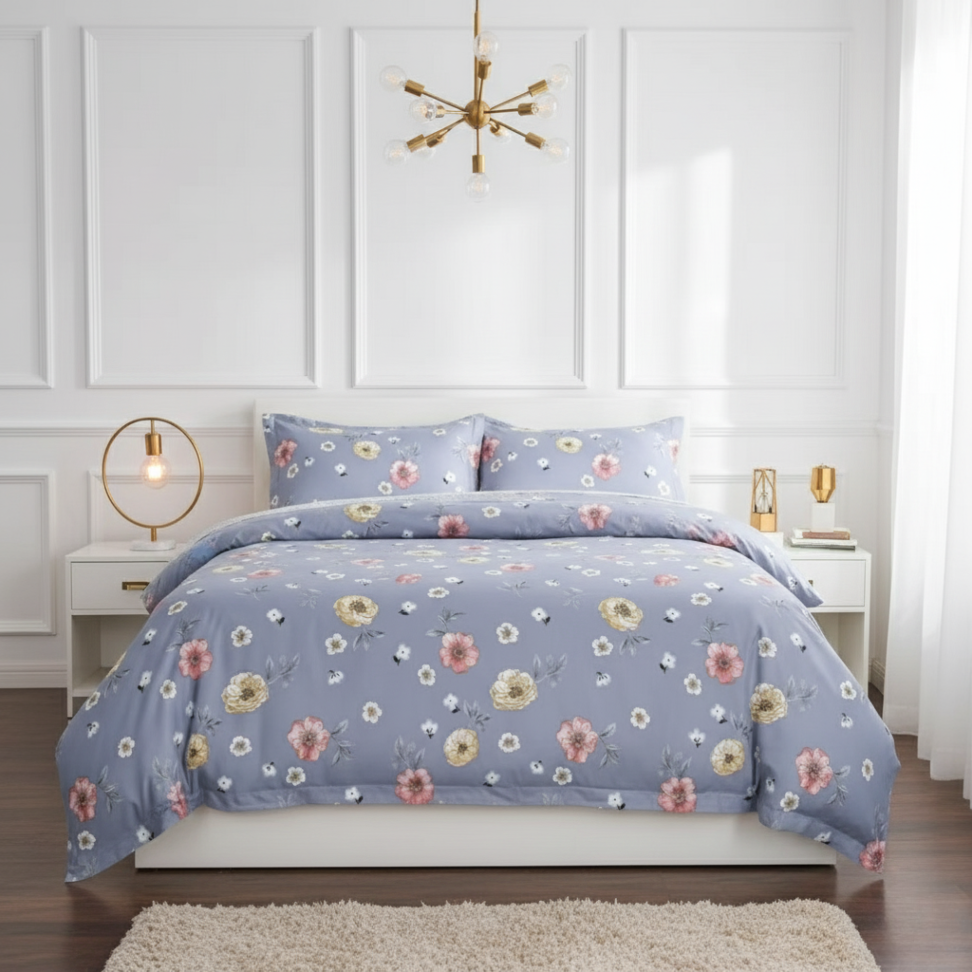 3-PIECE DUSKY BLUE FLORAL DUVET COVER SET