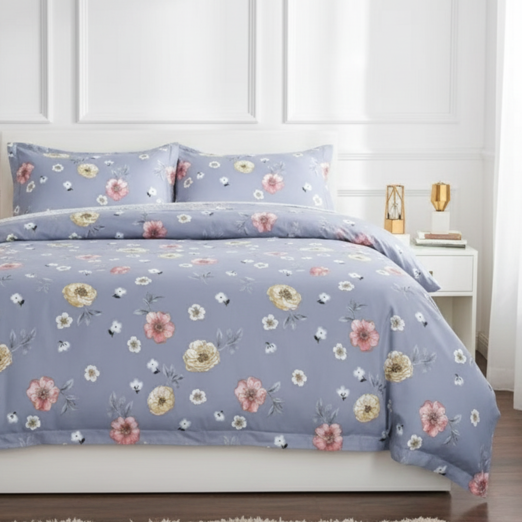3-PIECE DUSKY BLUE FLORAL DUVET COVER SET