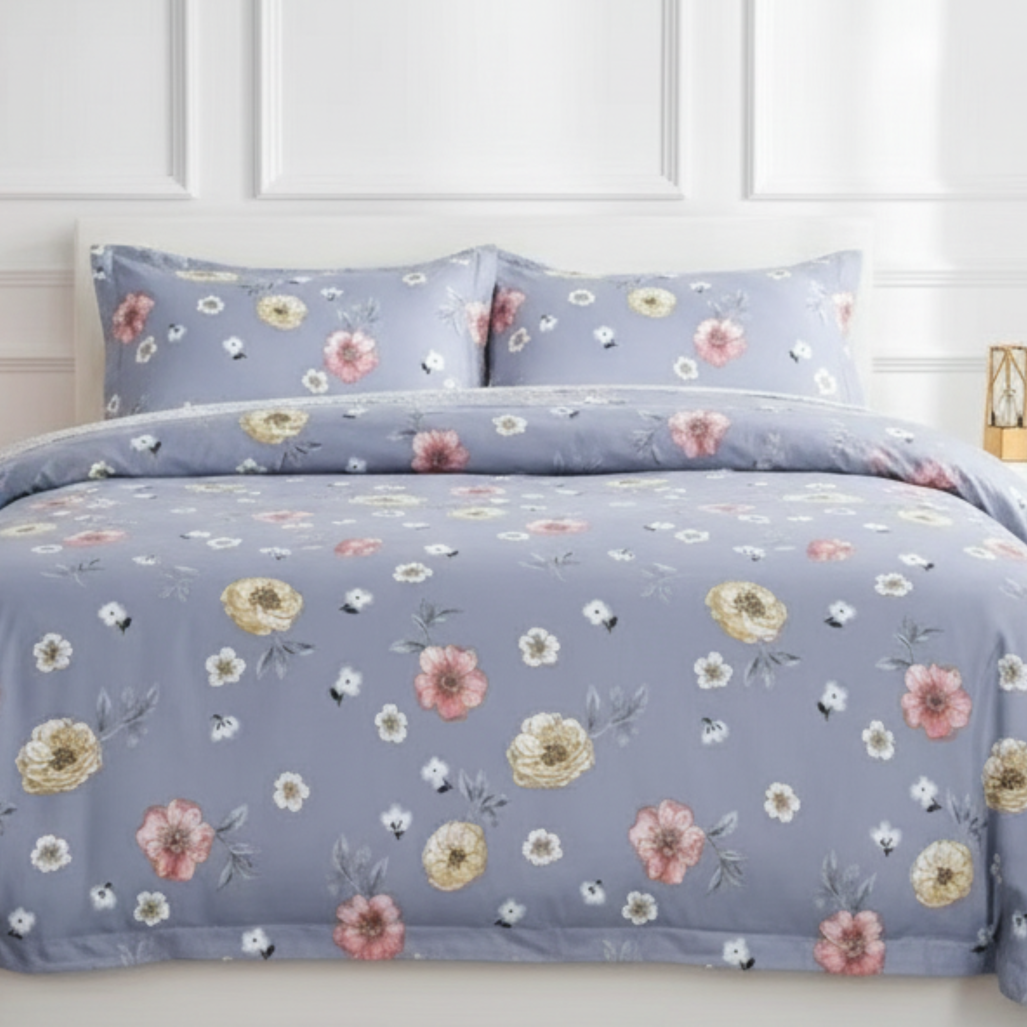 3-PIECE DUSKY BLUE FLORAL DUVET COVER SET