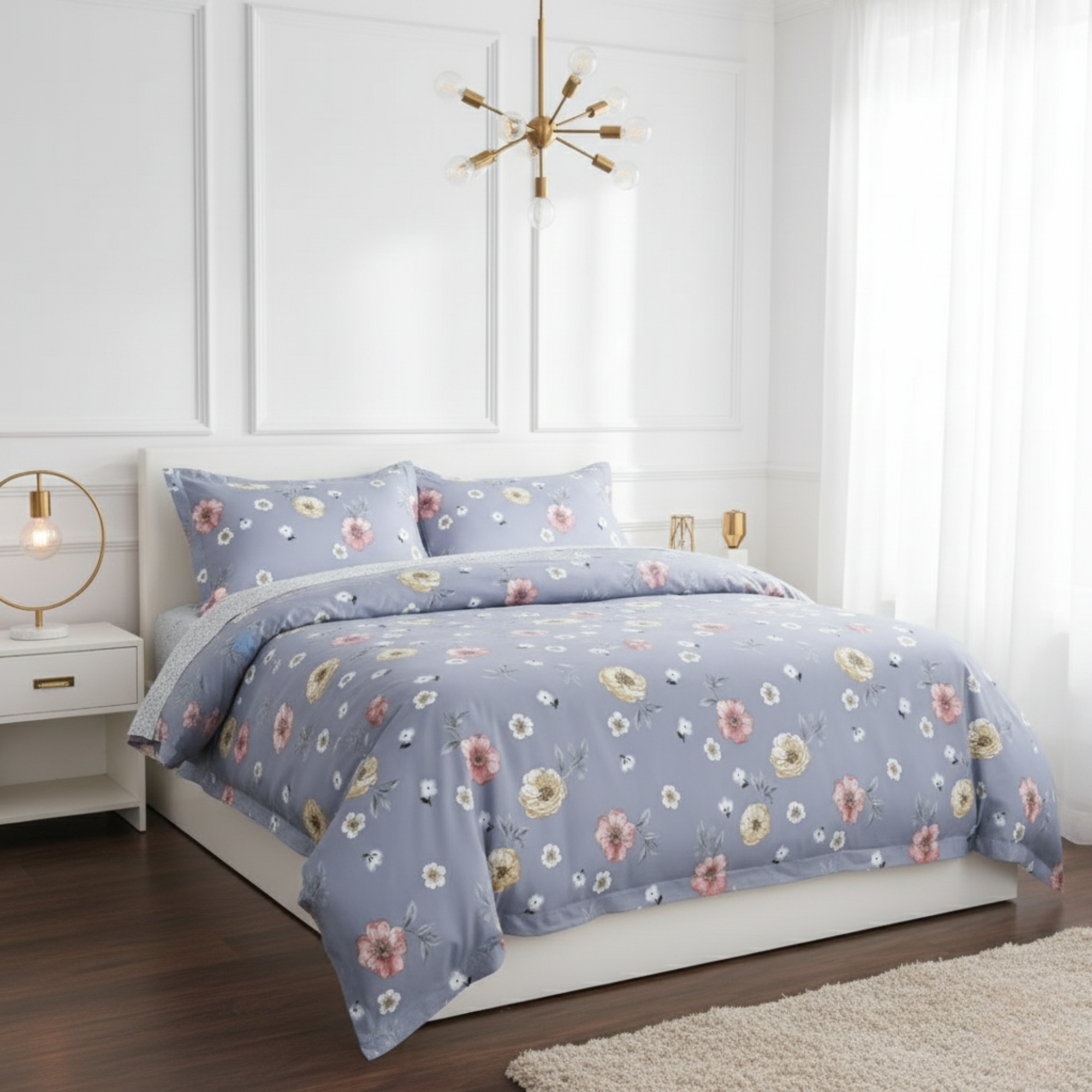 3-PIECE DUSKY BLUE FLORAL DUVET COVER SET