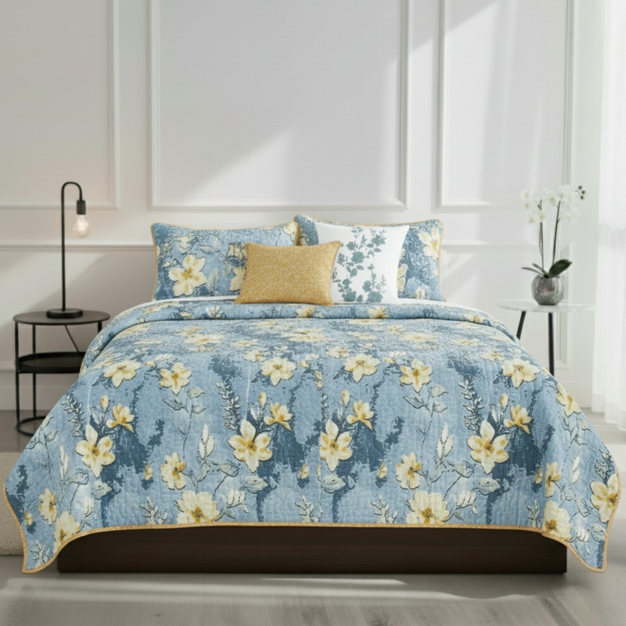 DUSTY BLUE REVERSIBLE FLORAL QUILT SET