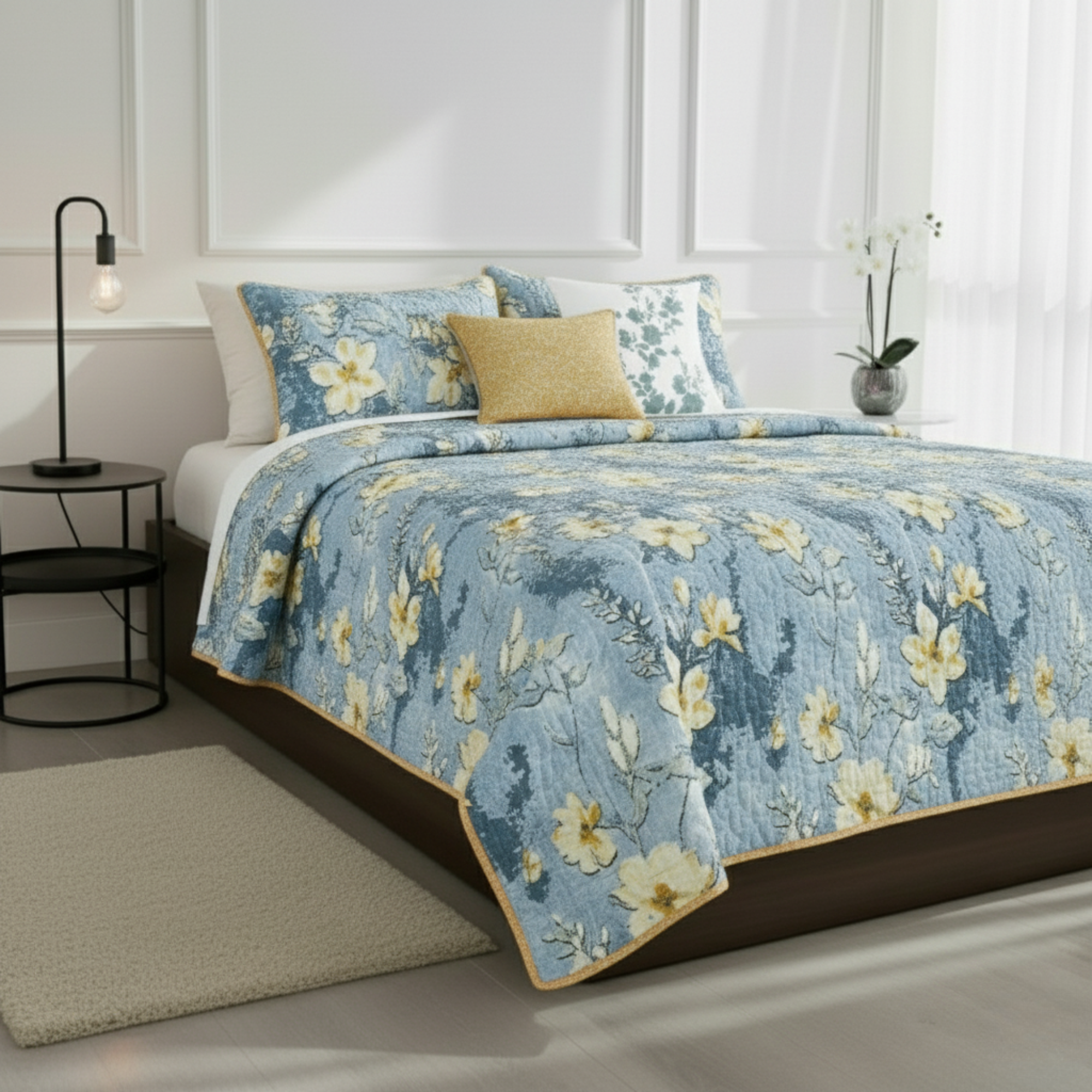 DUSTY BLUE REVERSIBLE FLORAL QUILT SET