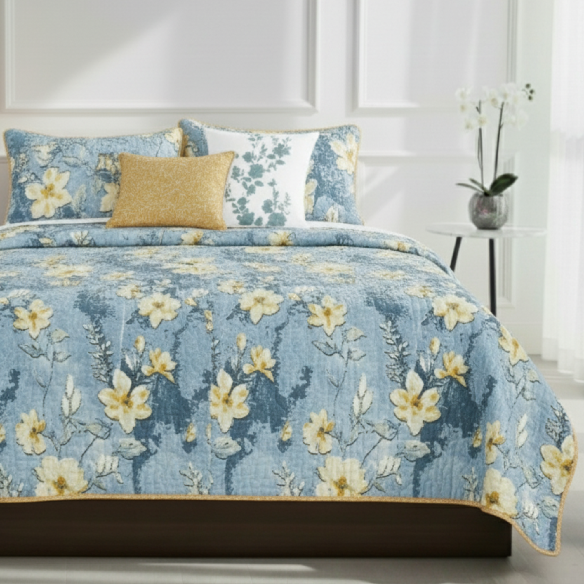 DUSTY BLUE REVERSIBLE FLORAL QUILT SET