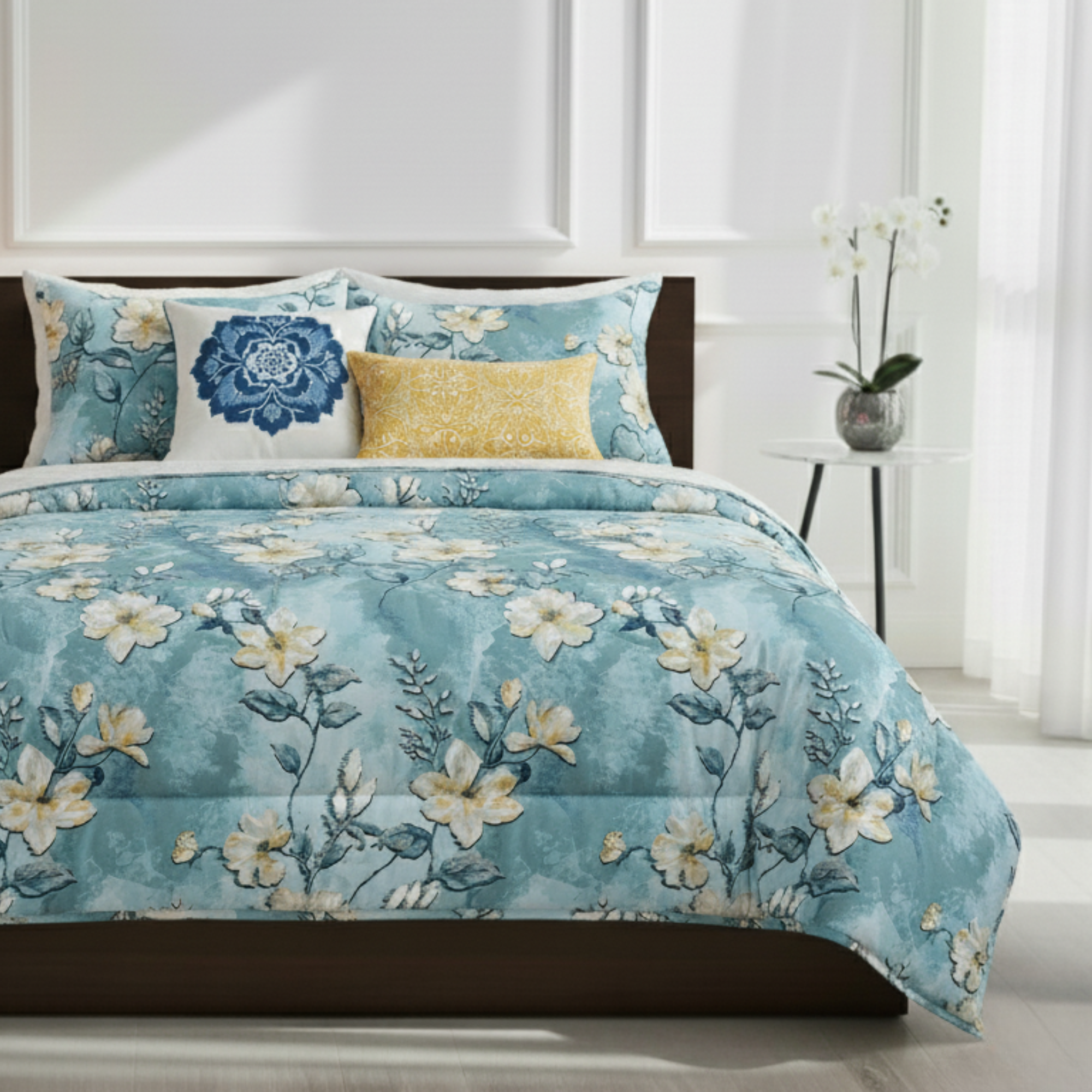 AQUA & YELLOW FLORAL COMFORTER SET